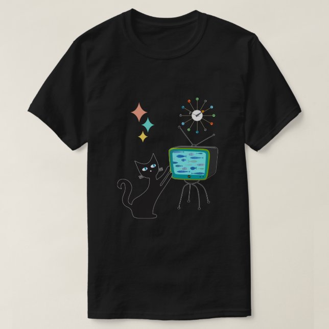 Mid Century Modern Retro Atomic Funny Cat with Fis T-Shirt (Design Front)