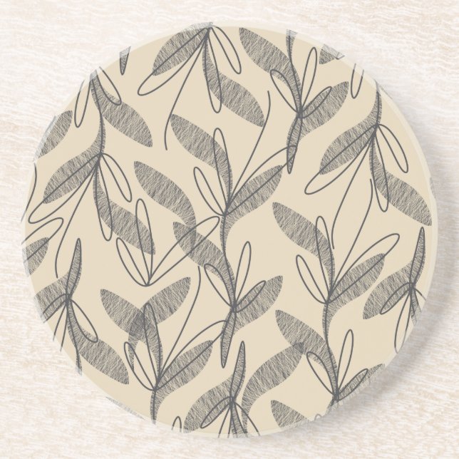 Mid Century Modern Retro Botanical Gray Beige Coaster (Front)