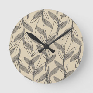 Mid Century Modern Retro Botanical Grey Beige Round Clock