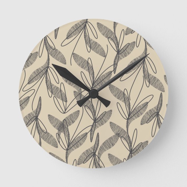 Mid Century Modern Retro Botanical Grey Beige Round Clock (Front)