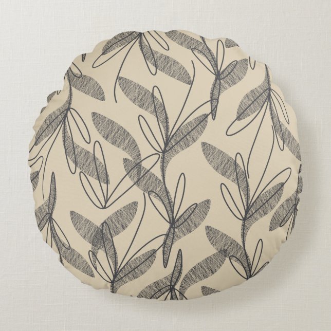 Mid Century Modern Retro Botanical Grey Beige Round Cushion (Front)