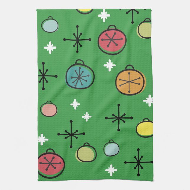 Mid Century Modern Retro Christmas Art Green Tea Towel (Vertical)