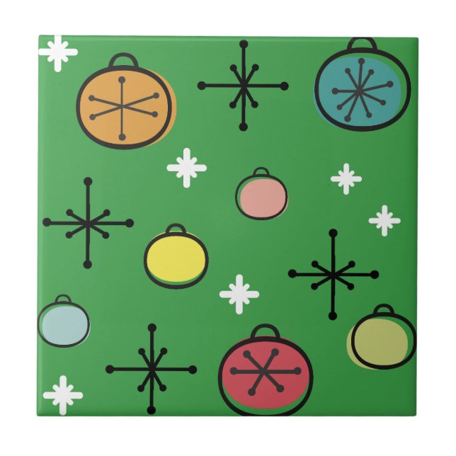 Mid Century Modern Retro Christmas Art Green Tile (Front)