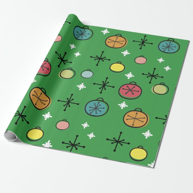Mid Century Modern Retro Christmas Art Green Wrapping Paper (Unrolled)
