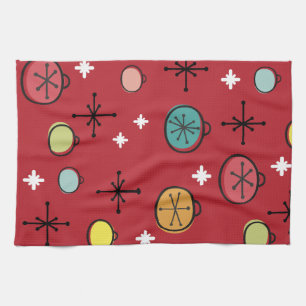 Mid Century Modern Retro Christmas Art Red Tea Towel