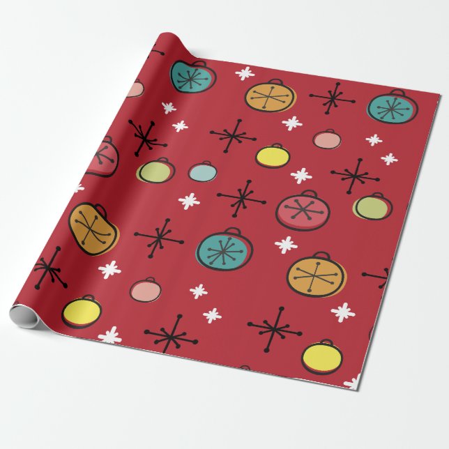 Mid Century Modern Retro Christmas Art Red Wrapping Paper (Unrolled)