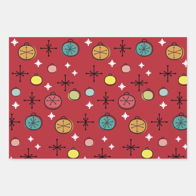 Mid Century Modern Retro Christmas Art Red Wrapping Paper Sheet (Front)
