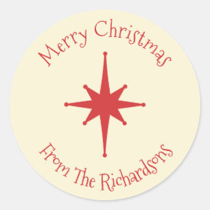 Mid Century Modern Retro Christmas Star Red Cream  Classic Round Sticker