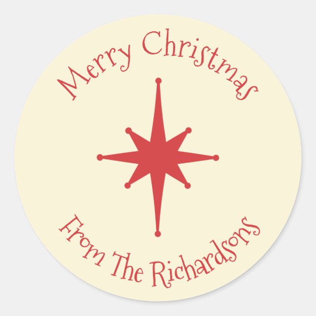 Mid Century Modern Retro Christmas Star Red Cream  Classic Round Sticker (Front)