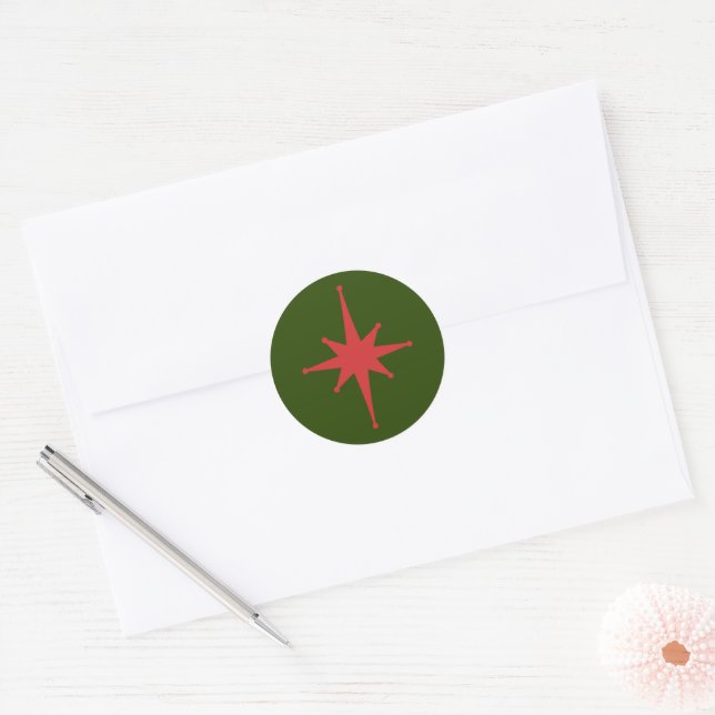 Mid-century Modern Retro Christmas Star Red Green Classic Round Sticker (Envelope)