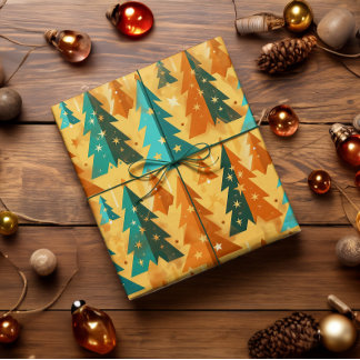 Mid Century Modern Retro Christmas Trees Copper Wrapping Paper