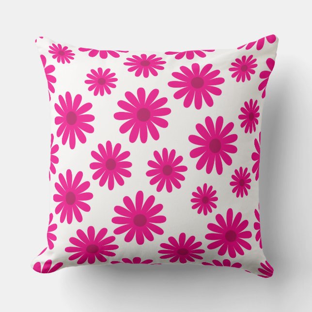 mid century modern retro daisies pattern pink cushion (Front)