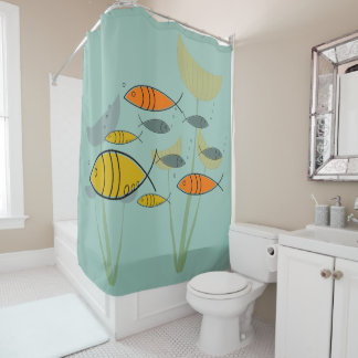 Mid Century Modern Retro Fish Swimming on Aqua Shower Curtain