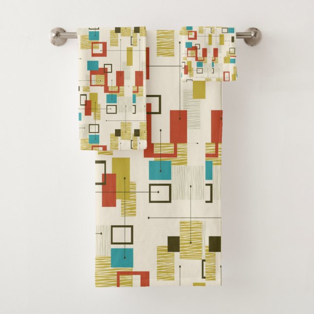 Mid Century Modern, Retro, Geometric, Turquoise, Bath Towel Set (Insitu)