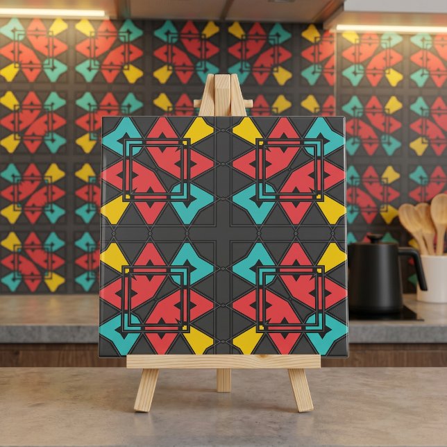 Mid Century Modern Retro Geometric Turquoise Red Tile (Creator Uploaded)