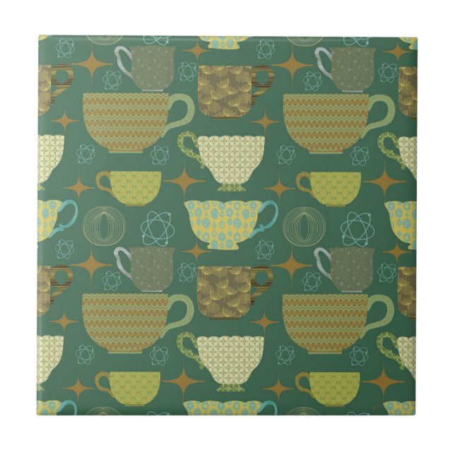 Mid Century Modern Retro Green Teacup Tile (Front)