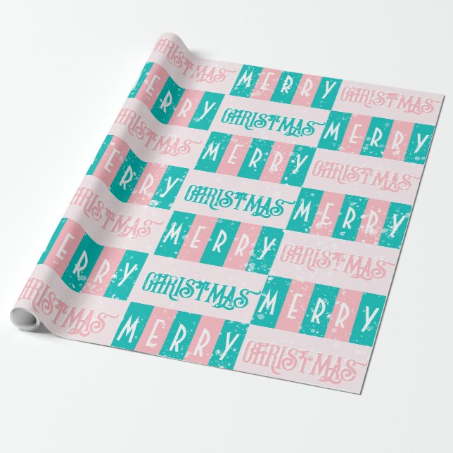 Mid-Century Modern Retro Merry Christmas Pink Blue Wrapping Paper (Unrolled)