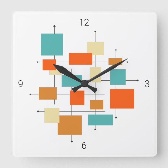 Mid Century Modern Retro Orange Turquoise Squares Square Wall Clock (Front)