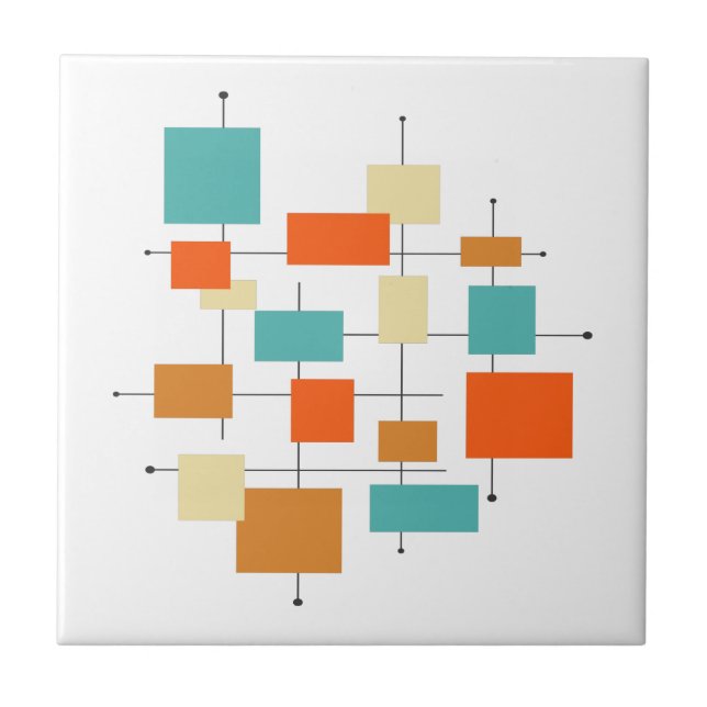 Mid Century Modern Retro Orange Turquoise Squares Tile (Front)