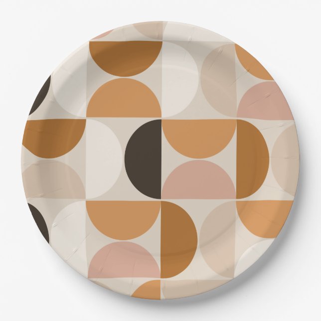 Mid Century Modern Retro Pattern Brown Earth Tones Paper Plate (Front)