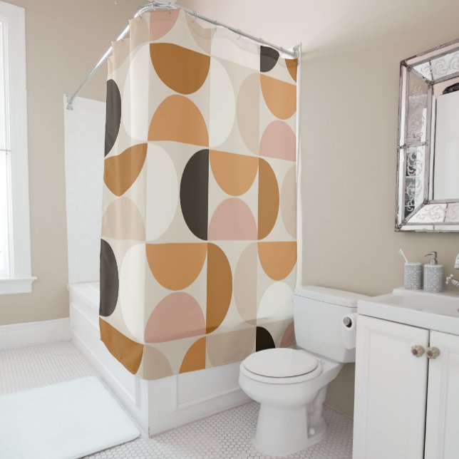 Mid Century Modern Retro Pattern Brown Earth Tones Shower Curtain (In Situ)