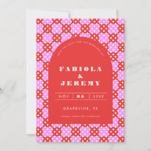 Mid Century Modern Retro Red and Pink Arch Wedding Save The Date