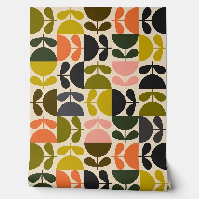 Mid‑century modern- Retro Scandinavian Flowers  Wallpaper (Unrolling)