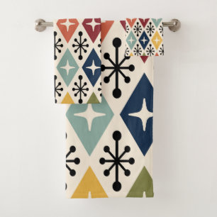 Mid Century Modern Retro Starburst Pattern Bath Towel Set