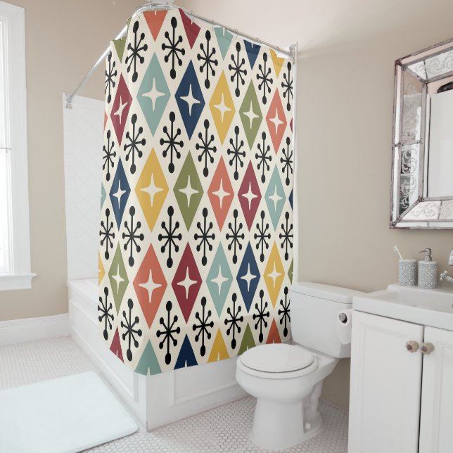 Mid Century Modern Retro Starburst Pattern Shower Curtain (In Situ)