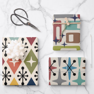 Mid Century Modern Retro Starburst Pattern Wrapping Paper Sheet