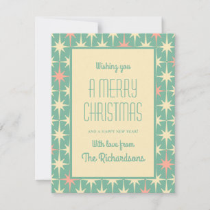 Mid Century Modern Retro Stars Christmas Teal Pink Holiday Card