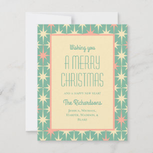 Mid Century Modern Retro Stars Christmas Teal Pink Holiday Card