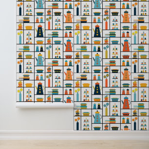 Mid Century Modern Retro Stylish Kitchen Shelves Wallpaper