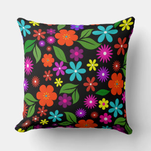 mid century modern retro vibrant floral black cushion