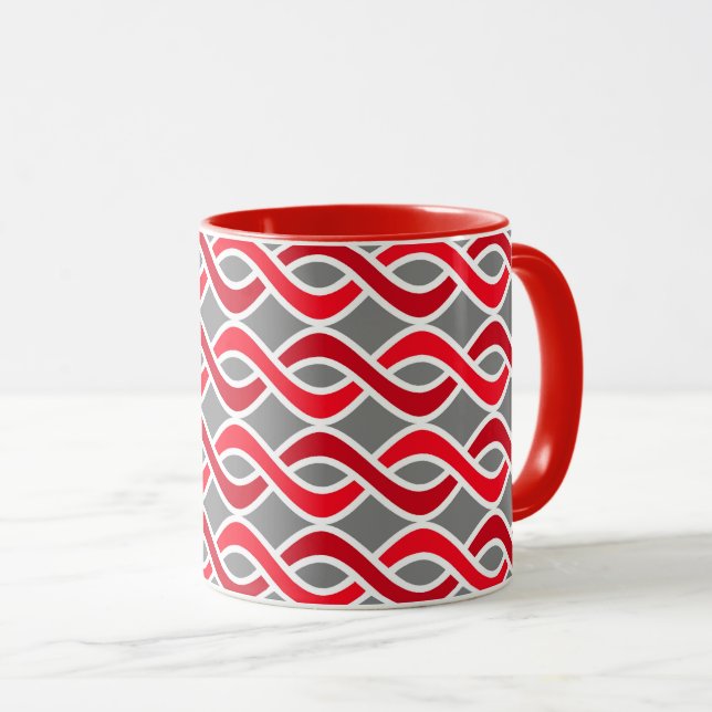 Mid-Century Modern Ribbons, red and grey / grey Mug (Front Right)
