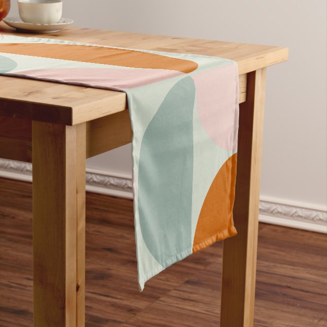 Mid Century Modern Sage Green Blush Orange Pattern Short Table Runner (In Situ)