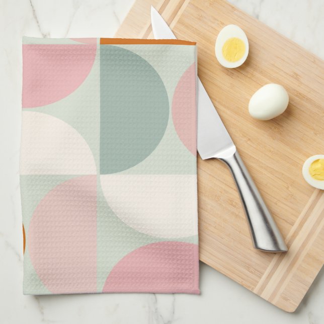 Mid Century Modern Sage Green Blush Orange Pattern Tea Towel (Quarter Fold)