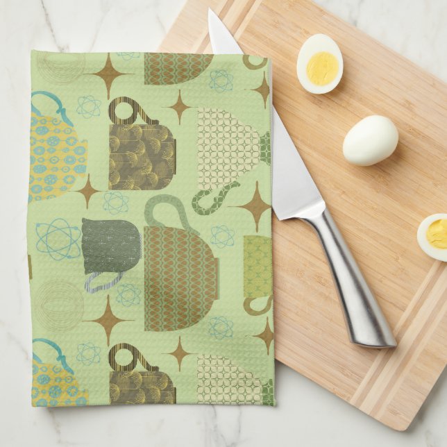 Mid Century Modern Sage Teacup  Tea Towel (Quarter Fold)