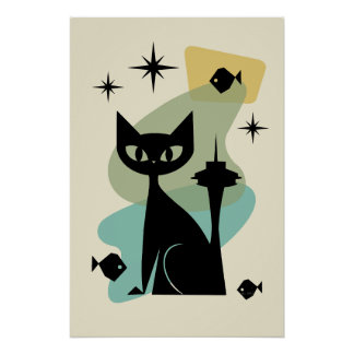 Mid Century Modern Seattle Cat Poster