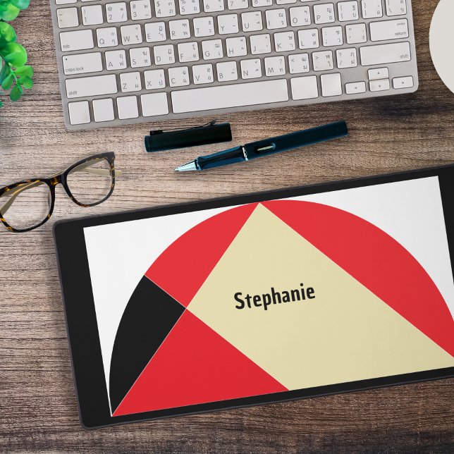 Mid Century Modern Semicircle Geometric Custom Desk Mat (A desk mat in mid-century modern style, with a semicircle design in red, black, white and cream)