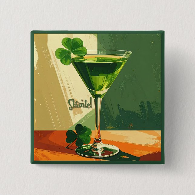 Mid Century Modern Shamrock Martini Sláinte!  15 Cm Square Badge (Front)