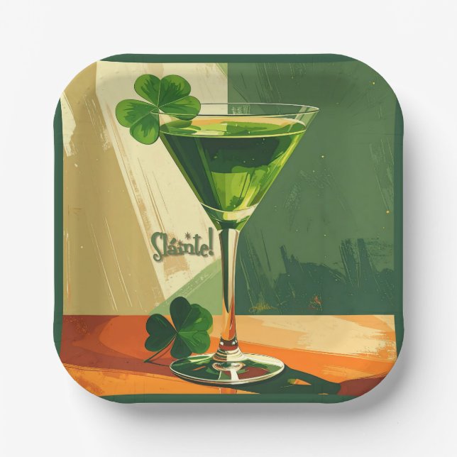Mid Century Modern Shamrock Martini Sláinte!  Paper Plate (Front)