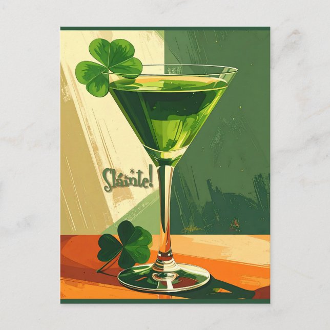 Mid Century Modern Shamrock Martini Sláinte!  Postcard (Front)