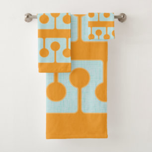 Mid Century Modern Shapes in Sync Orange, Aqua Bath Towel Set