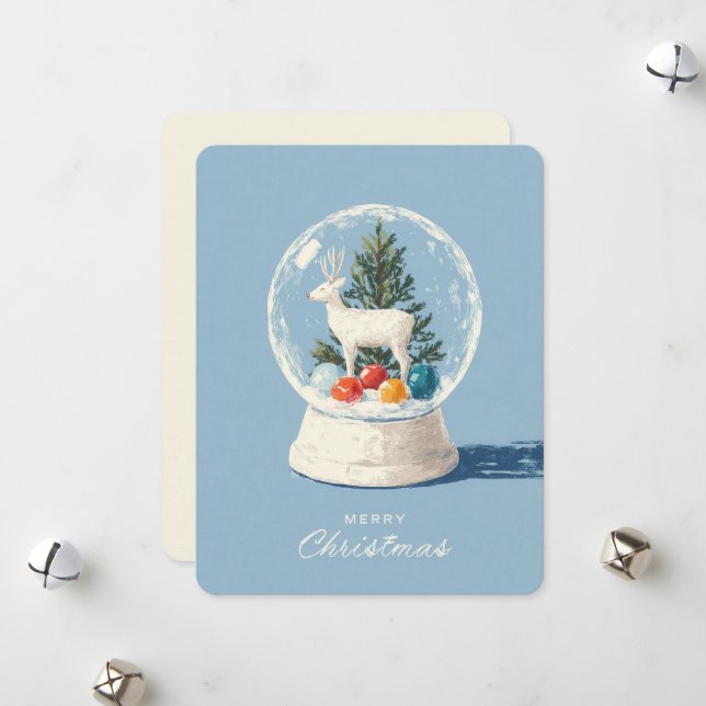 Mid-Century Modern Snow Globe White Deer  Holiday Card (Front/Back In Situ)