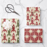 Mid Century Modern Space Age Retro 50s Christmas Wrapping Paper Sheet<br><div class="desc">Mid Century Modern Space Age Retro 50s Christmas. A touch of nostalgia for the Christmas holidays: atomic age rocket ships and starbursts in dusky vintage shades of olive green,  red,  and cream . For a fun mid mod midcentury Xmas. By Kierkegaard Design Studio.</div>