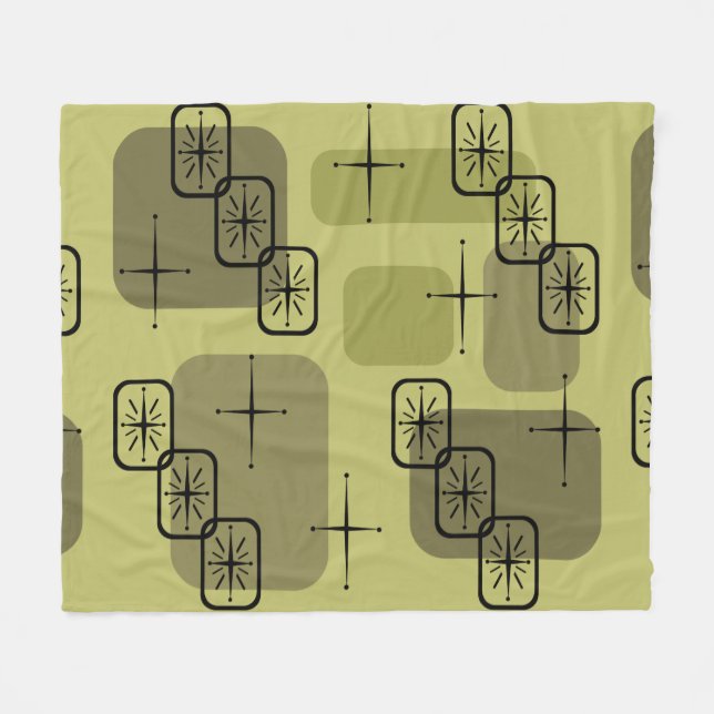 Mid Century Modern Sputnik Olive Fleece Blanket (Front (Horizontal))