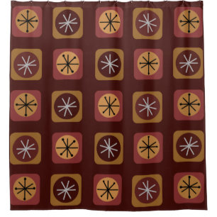 Mid Century Modern Sputnik Squares Burgundy Shower Curtain