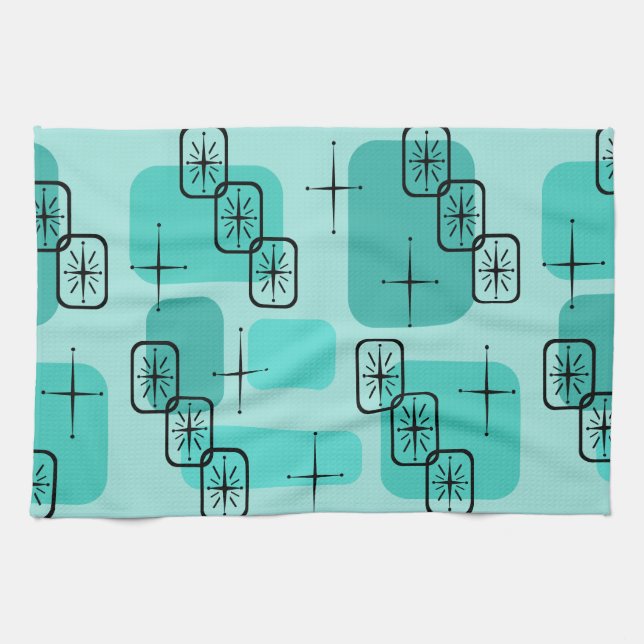 Mid Century Modern Sputnik Turquoise Tea Towel (Horizontal)