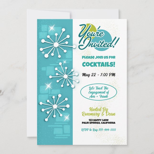 Mid-Century Modern Sputniks Engagement Party Invitation (Front)